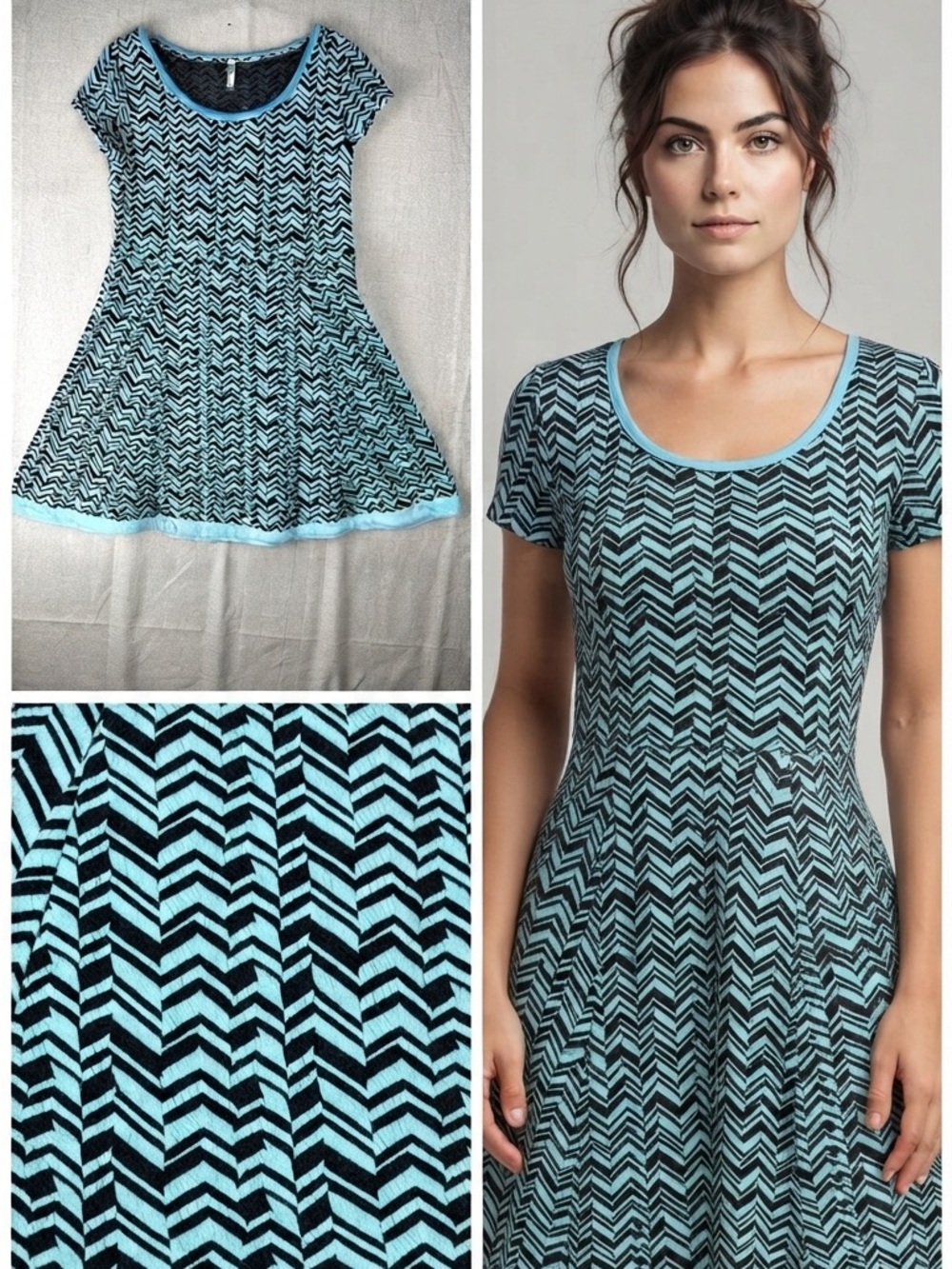 Wallflower Dress XL Retro Skater Teal Black Zig Zag Thicker Fabric Indie Sleaze